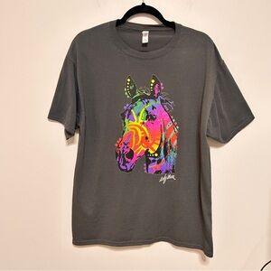 Gray DIY T-Shirt Men’s Large with Colorful Horse Graphic Artsy Equestrian *Flaw